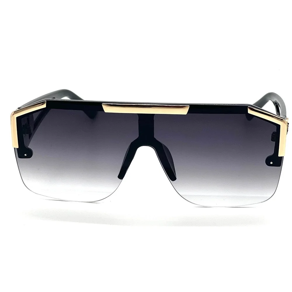 Black Gold Oversized Square Flat Top Shield Women Sunglasses Gradient Smoke Lens